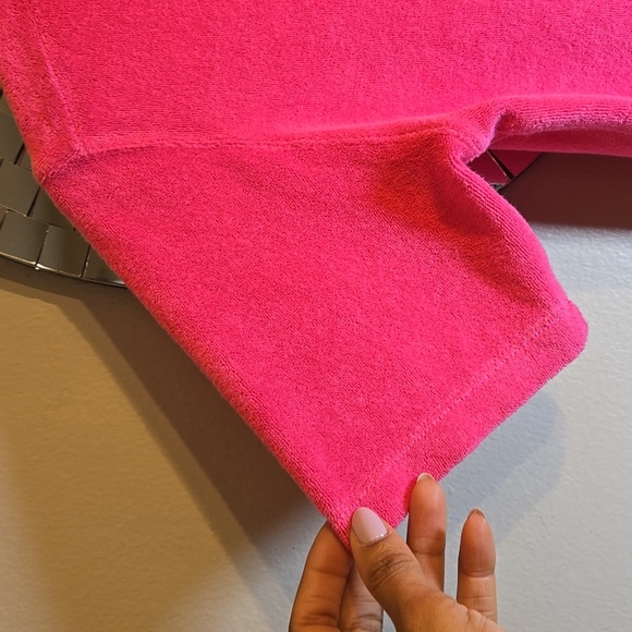 Monrow Cotton Terry Cloth Button Front Pocket Short Sleeved Shirt in Azalea - Picture 4 of 9